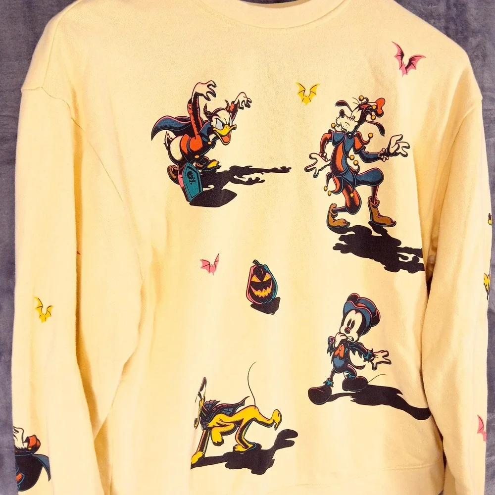 Disney Sweatshirt Mens Large Yellow Halloween Mickey Goofy Donald Pluto - Picture 2 of 10